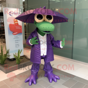 Purple Crocodile mascot costume character dressed with a Raincoat and Reading glasses