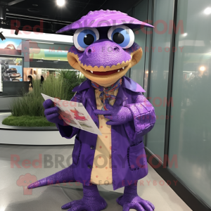 Purple Crocodile mascot costume character dressed with a Raincoat and Reading glasses