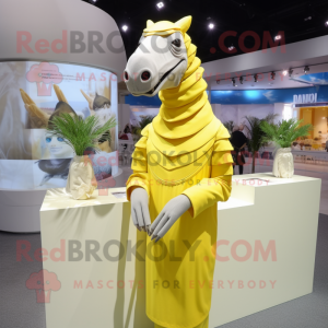 Lemon Yellow Quagga mascot costume character dressed with a Sheath Dress and Shawls