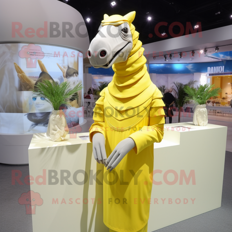 Lemon Yellow Quagga mascot costume character dressed with a Sheath Dress and Shawls Lemon Yellow Quagga mascot costume character dressed with a Sheath Dress and Shawls