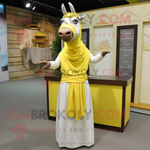 Lemon Yellow Quagga mascot costume character dressed with a Sheath Dress and Shawls