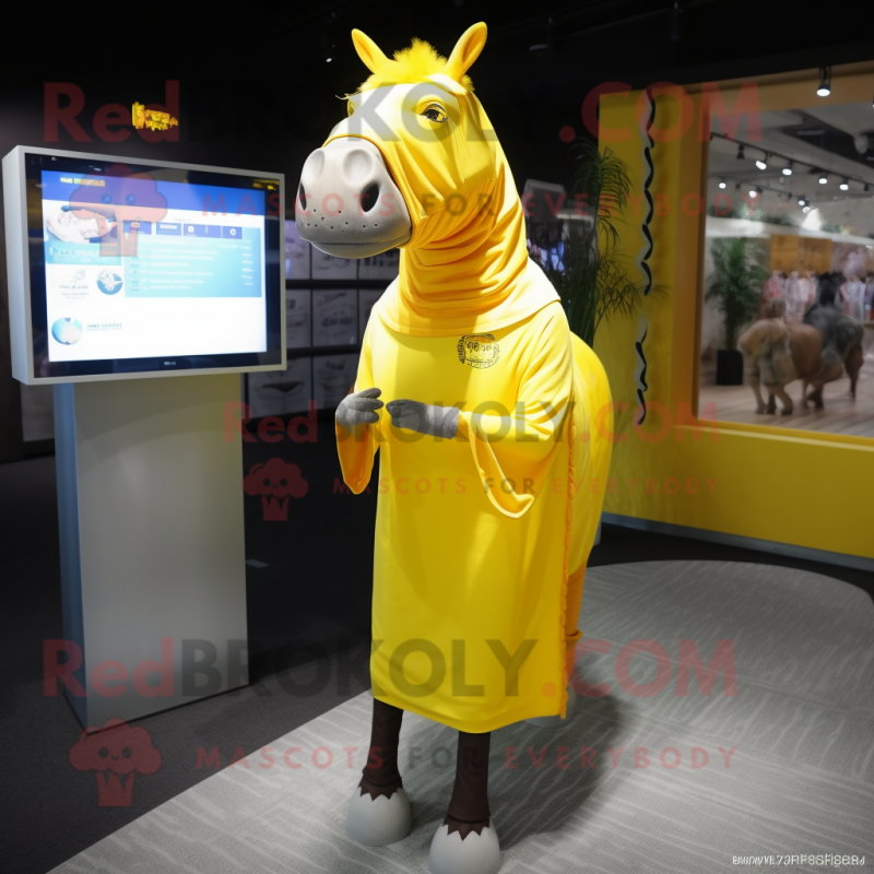 Lemon Yellow Quagga mascot costume character dressed with a Sheath Dress and Shawls Lemon Yellow Quagga mascot costume character dressed with a Sheath Dress and Shawls