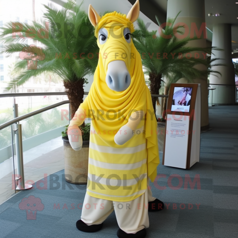 Lemon Yellow Quagga mascot costume character dressed with a Sheath Dress and Shawls Lemon Yellow Quagga mascot costume character dressed with a Sheath Dress and Shawls