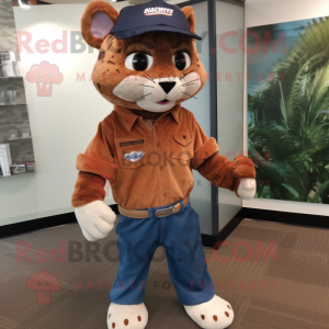 Rust Bobcat mascot costume character dressed with a Bootcut Jeans and Berets