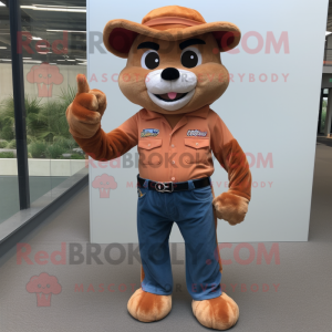 Rust Bobcat mascot costume character dressed with a Bootcut Jeans and Berets