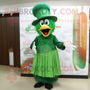 Forest Green Biryani mascot costume character dressed with a Pleated Skirt and Hat pins