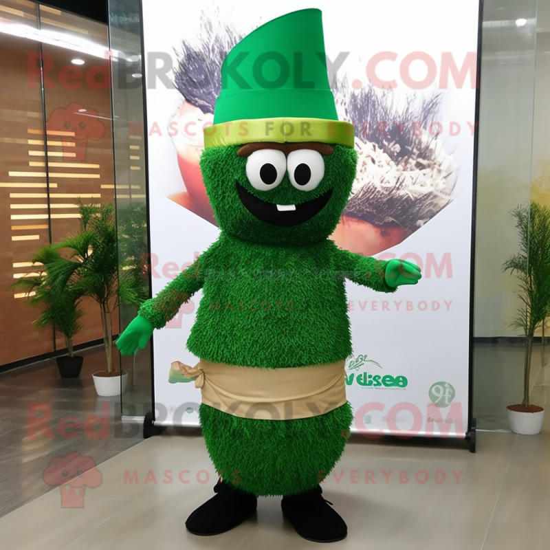 Forest Green Biryani mascot costume character dressed with a Pleated Skirt and Hat pins