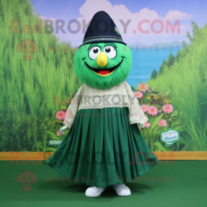 Forest Green Biryani mascot costume character dressed with a Pleated Skirt and Hat pins