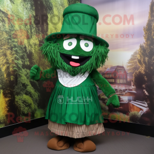 Forest Green Biryani mascot costume character dressed with a Pleated Skirt and Hat pins