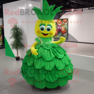 Green Pineapple mascot costume character dressed with a Ball Gown and Shoe laces