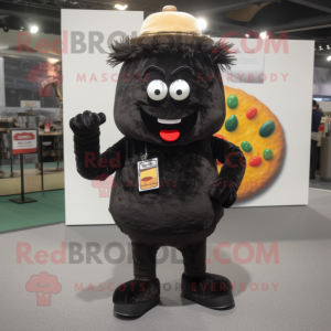 Black Hamburger mascot costume character dressed with a Corduroy Pants and Keychains