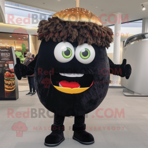 Black Hamburger mascot costume character dressed with a Corduroy Pants and Keychains