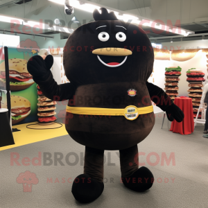 Black Hamburger mascot costume character dressed with a Corduroy Pants and Keychains