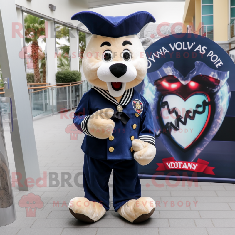 Navy Heart mascot costume character dressed with a V-Neck Tee and Scarves Navy Heart mascot costume character dressed with a V-Neck Tee and Scarves