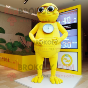 Lemon Yellow Turtle mascot costume character dressed with a One-Piece Swimsuit and Digital watches