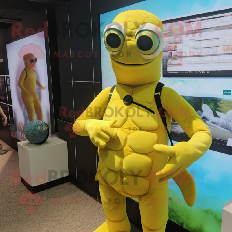 Lemon Yellow Turtle mascot costume character dressed with a One-Piece Swimsuit and Digital watches