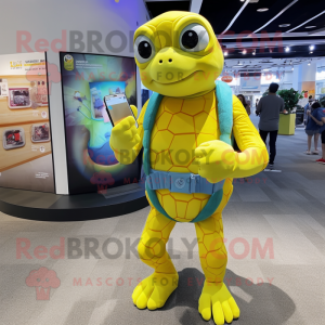 Lemon Yellow Turtle mascot costume character dressed with a One-Piece Swimsuit and Digital watches
