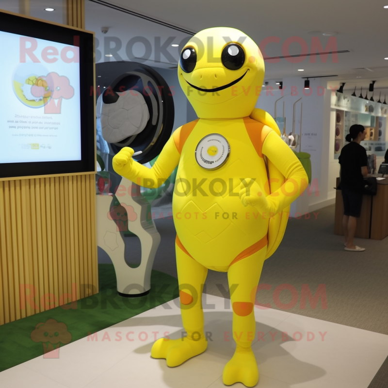 Lemon Yellow Turtle mascot costume character dressed with a One-Piece Swimsuit and Digital watches Lemon Yellow Turtle mascot costume character dressed with a One-Piece Swimsuit and Digital watches