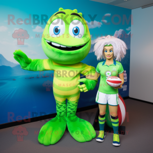 Lime Green Mermaid mascot costume character dressed with a Rugby Shirt and Ties