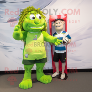 Lime Green Mermaid mascot costume character dressed with a Rugby Shirt and Ties