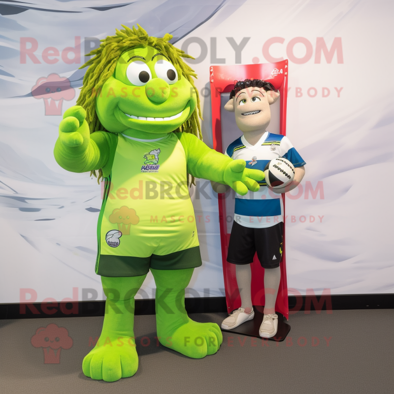 Lime Green Mermaid mascot costume character dressed with a Rugby Shirt and Ties Lime Green Mermaid mascot costume character dressed with a Rugby Shirt and Ties