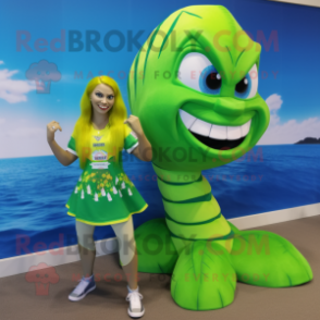 Lime Green Mermaid mascot costume character dressed with a Rugby Shirt and Ties