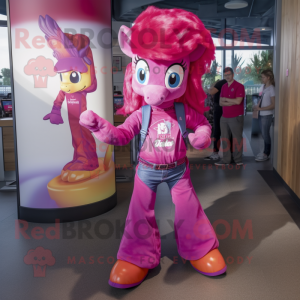 Magenta Mare mascot costume character dressed with a Flare Jeans and Keychains