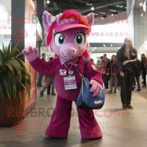 Magenta Mare mascot costume character dressed with a Flare Jeans and Keychains