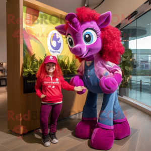Magenta Mare mascot costume character dressed with a Flare Jeans and Keychains