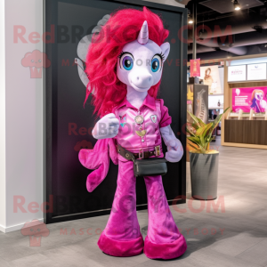 Magenta Mare mascot costume character dressed with a Flare Jeans and Keychains