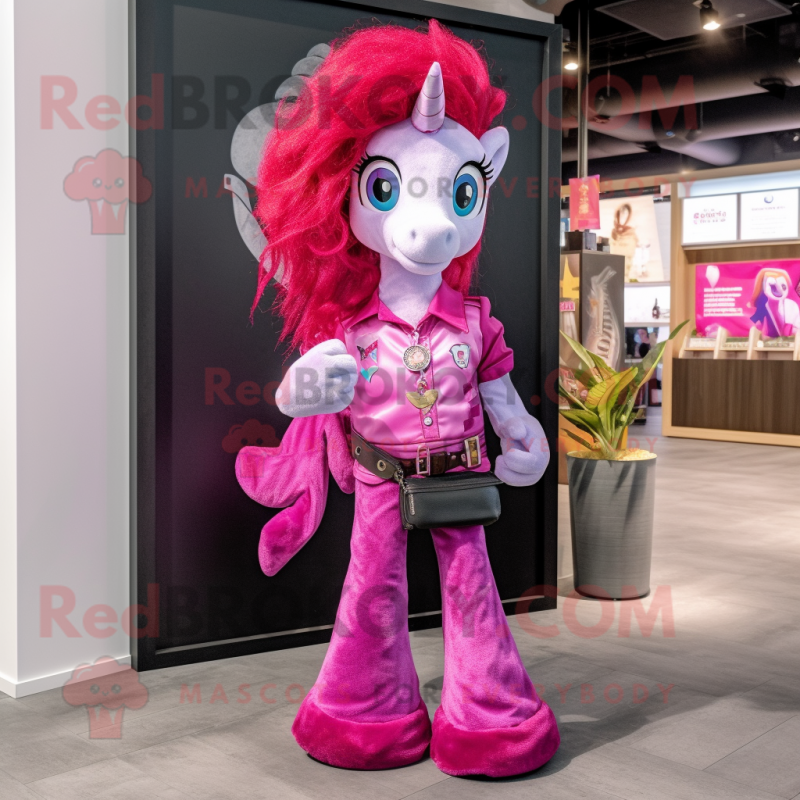 Magenta Mare mascot costume character dressed with a Flare Jeans and Keychains Magenta Mare mascot costume character dressed with a Flare Jeans and Keychains