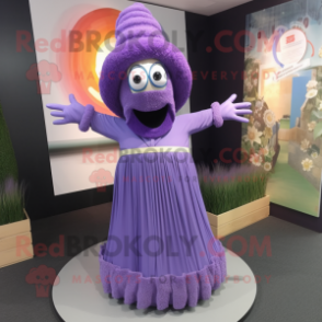 Lavender Gyro mascot costume character dressed with a Maxi Skirt and Hairpins