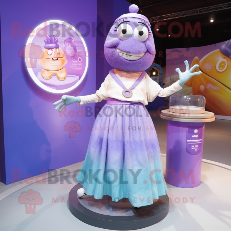 Lavender Gyro mascot costume character dressed with a Maxi Skirt and Hairpins Lavender Gyro mascot costume character dressed with a Maxi Skirt and Hairpins