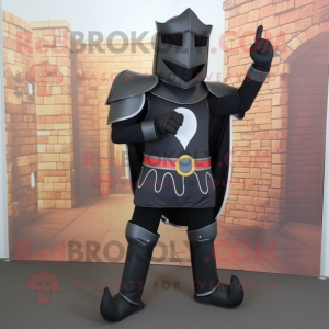 Black Medieval Knight mascot costume character dressed with a Bootcut Jeans and Foot pads