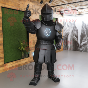 Black Medieval Knight mascot costume character dressed with a Bootcut Jeans and Foot pads