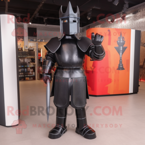 Black Medieval Knight mascot costume character dressed with a Bootcut Jeans and Foot pads