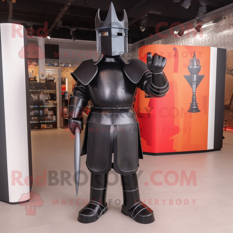 Black Medieval Knight mascot costume character dressed with a Bootcut Jeans and Foot pads