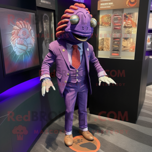 Purple Trilobite mascot costume character dressed with a Blazer and Brooches