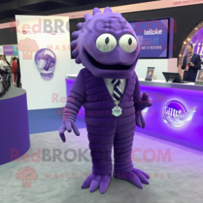 Purple Trilobite mascot costume character dressed with a Blazer and Brooches