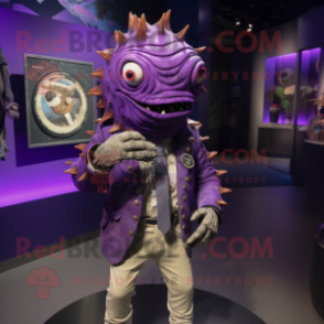 Purple Trilobite mascot costume character dressed with a Blazer and Brooches