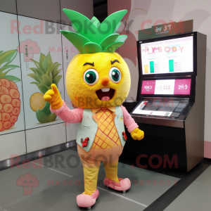Peach Pineapple mascot costume character dressed with a Overalls and Digital watches