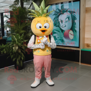 Peach Pineapple mascot costume character dressed with a Overalls and Digital watches