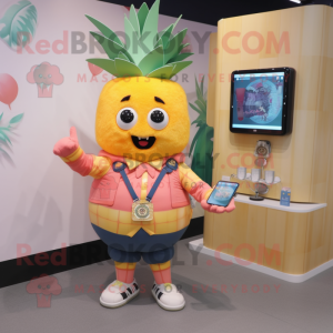 Peach Pineapple mascot costume character dressed with a Overalls and Digital watches