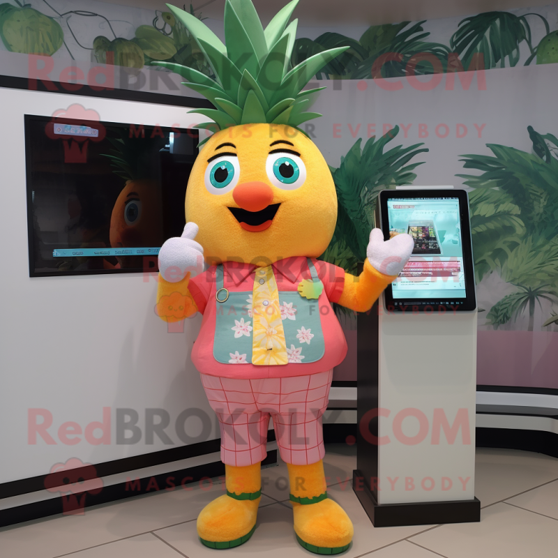 Peach Pineapple mascot costume character dressed with a Overalls and Digital watches