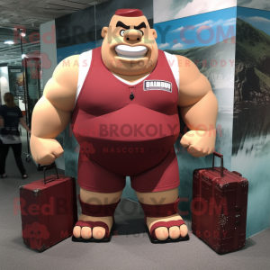 Maroon Strongman mascot costume character dressed with a Tank Top and Briefcases