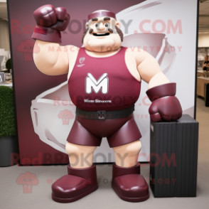 Maroon Strongman mascot costume character dressed with a Tank Top and Briefcases