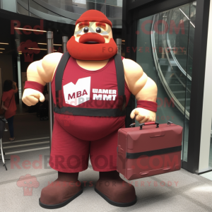 Maroon Strongman mascot costume character dressed with a Tank Top and Briefcases