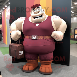 Maroon Strongman mascot costume character dressed with a Tank Top and Briefcases