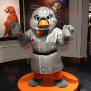 Silver Mandarin mascot costume character dressed with a Leather Jacket and Mittens