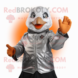 Silver Mandarin mascot costume character dressed with a Leather Jacket and Mittens